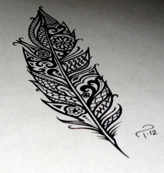 570x600 Custom Art Commissioned Henna Tribal Feather Drawing Tattoo Etsy - Tribal Feather Drawing