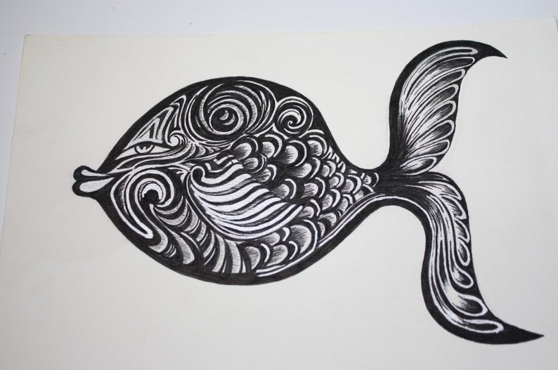 794x527 tribal fish tattoo print patterned fish drawing unique fish etsy - Tribal Fish Drawing