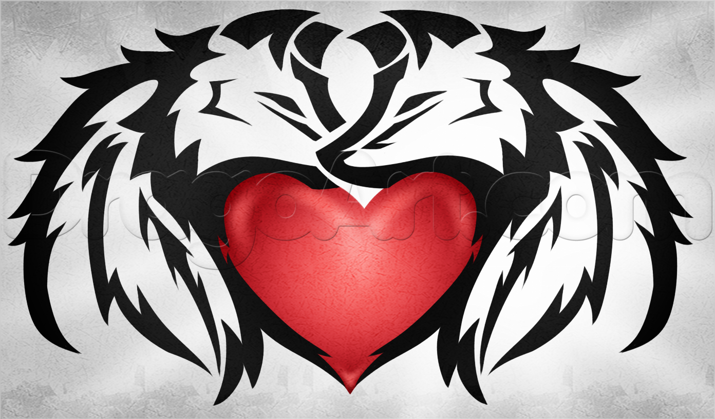 1392x817 How To Draw A Wolf Heart, Step - Tribal Heart Drawings