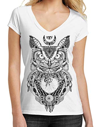 338x445 tribal aztec owl drawing tee junior's ply white v neck t - Tribal Owl Drawing