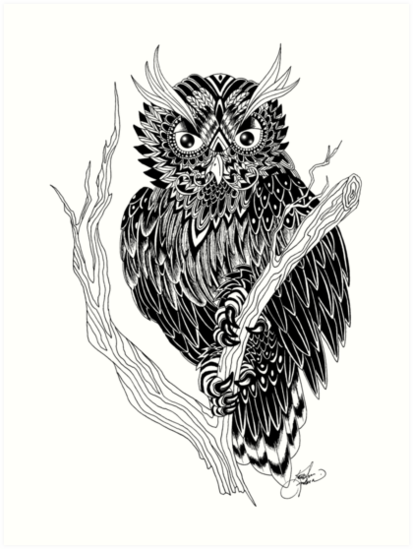 413x549 Tribal Owl Art Prints - Tribal Owl Drawing