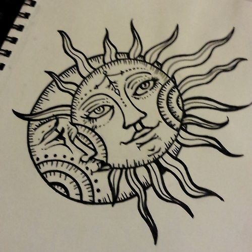 500x500 Sun Drawing Tattoo Moon Design Ink Tattoos, Sun Drawing, Moon - Trippy Sun Drawing