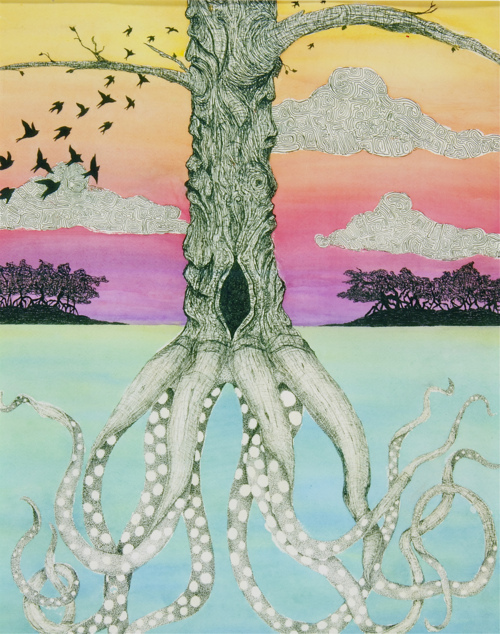 500x634 Colorful, Drawing, Illustration, Octopus, Tree - Trippy Tree Drawin...