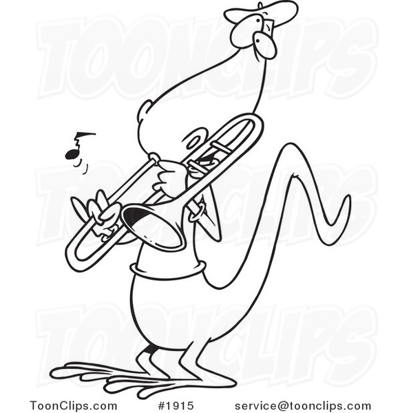 581x600 cartoon black and white line drawing of a lizard playing - Trombone Cartoon Drawing