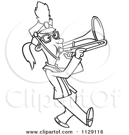 450x470 cartoon of an outlined marching band trombone player girl - Trombone Cartoon Drawing