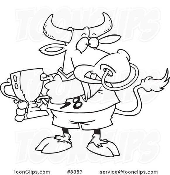 581x600 Cartoon Black And White Line Drawing Of A Sports Bull Holding - Trophy Line Drawing