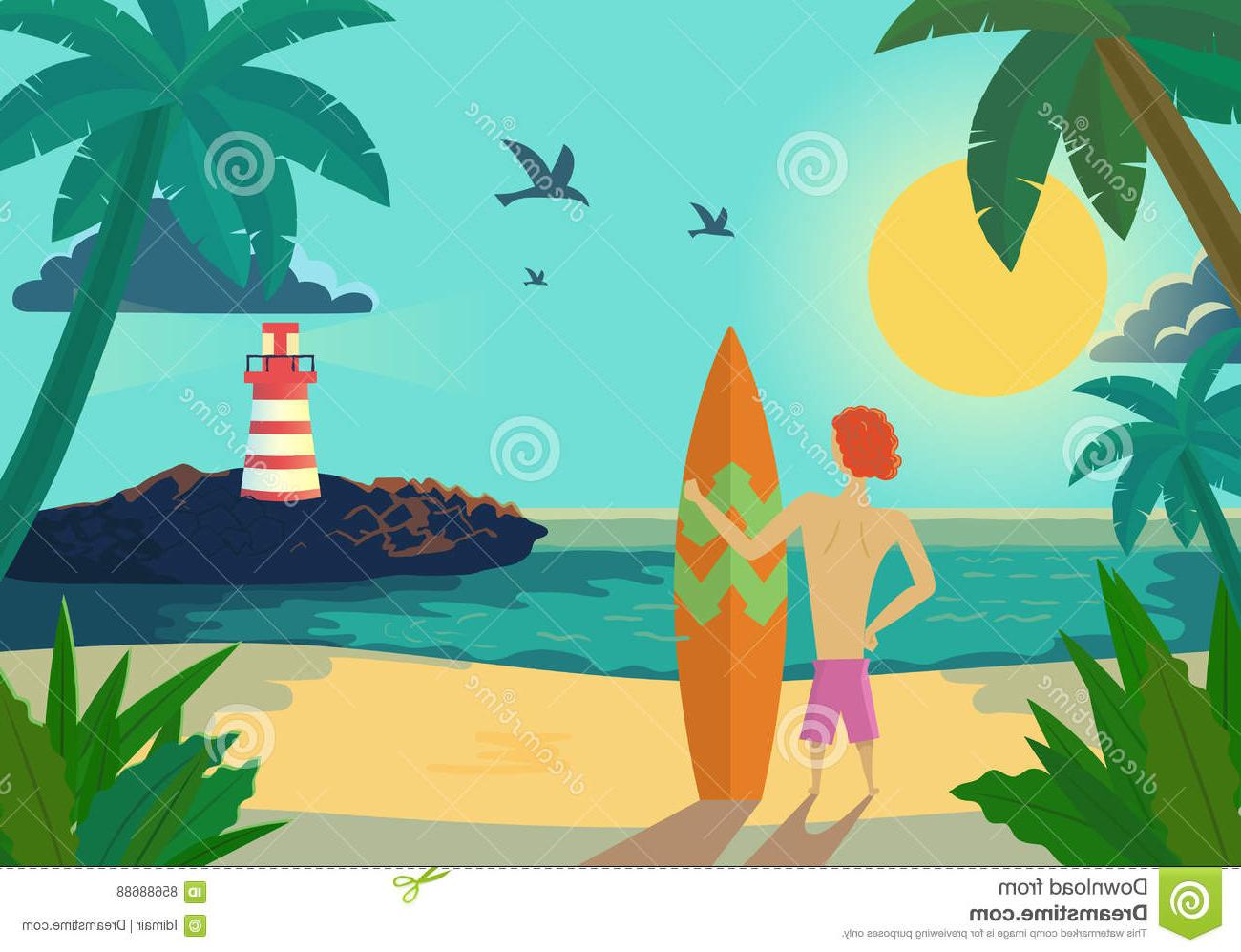 1300x997 best cartoon surfer holding surf board tropical beach vector - Tropical Beach Drawing