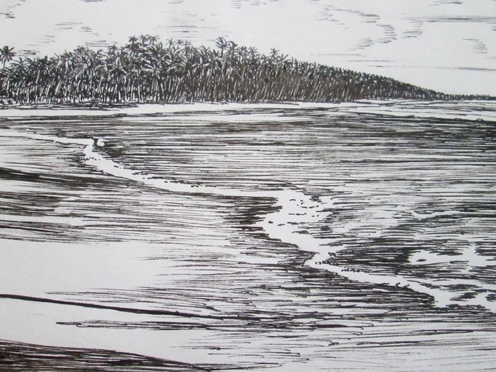 720x540 tropical beach scene ink drawing - Tropical Beach Drawing