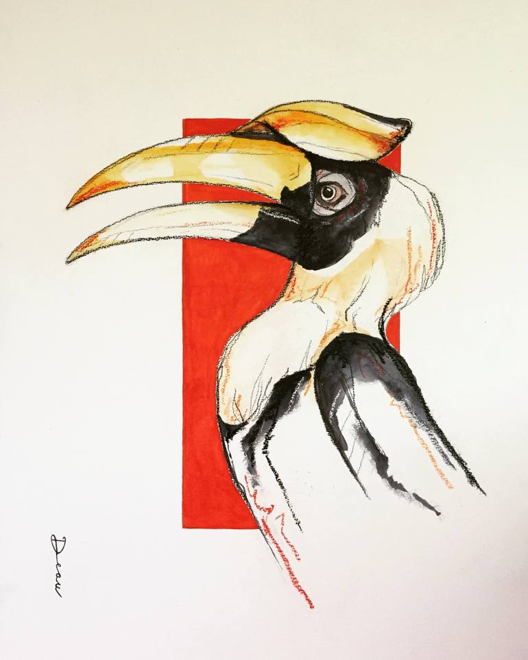 770x963 tropical bird great hornbill painting - Tropical Bird Drawing