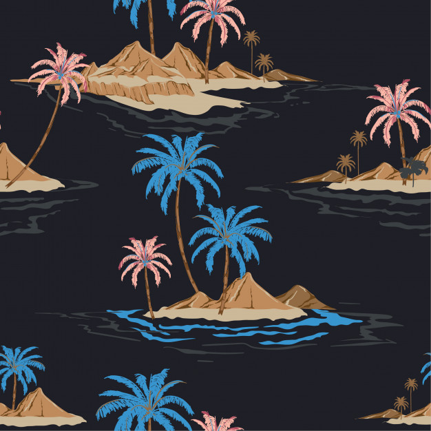 626x626 summer night tropical island hand drawing style seamless pattern - Tropical Island Drawing