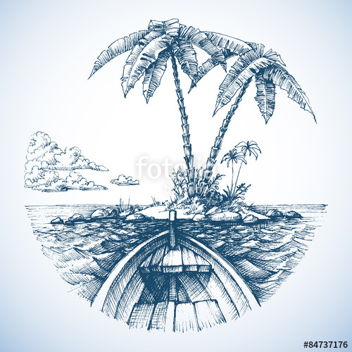 500x500 tropical island in the ocean with palm trees, view from a boat - Tropical Island Drawing