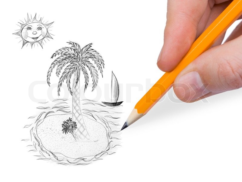 800x600 hand drawing tropical island isolated on white background stock - Tropical Island Drawing