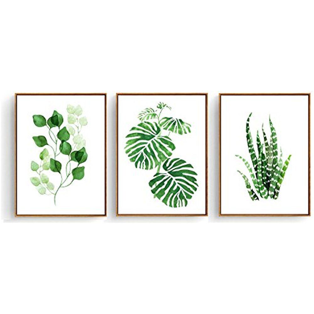 1000x1000 Wood Framed Green Tropical Leaves Watercolor Painting Prints Wall - Tropical Leaves Drawing