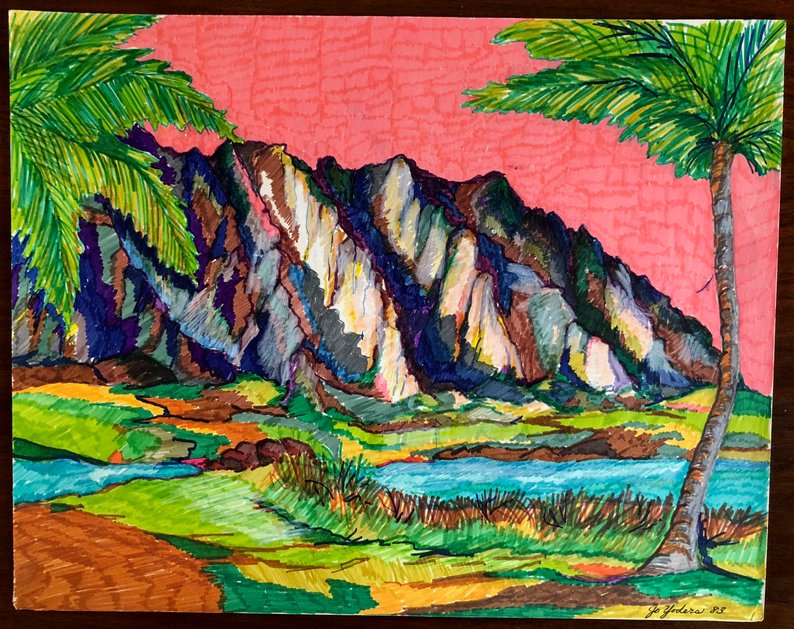 794x629 Vintage Colored Ink Tropical Island Palm Trees Drawing Etsy - Tropical Tree Drawing