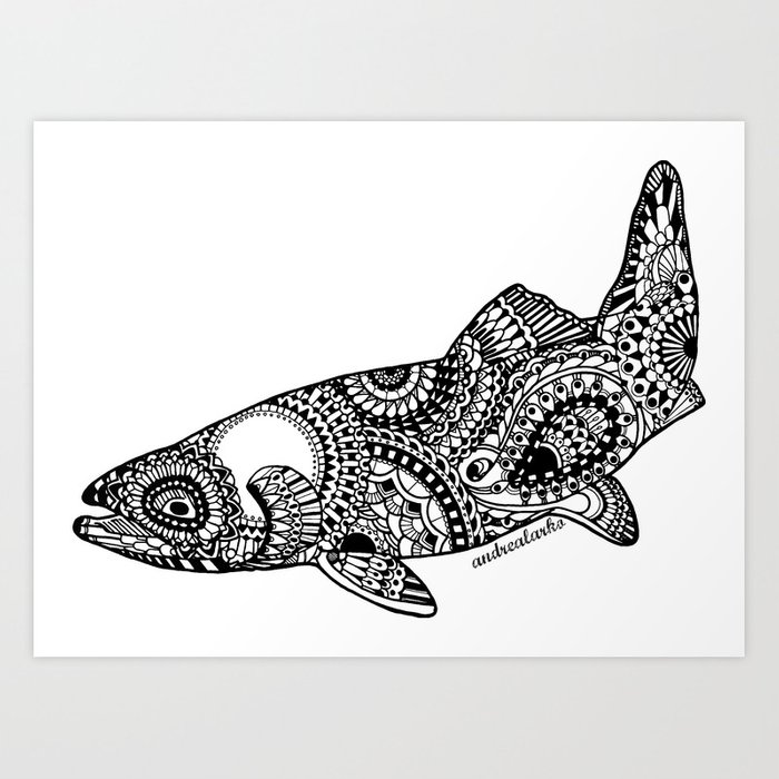 700x700 Black And White Zentangle Brown Trout Art Print - Trout Drawing Black And White
