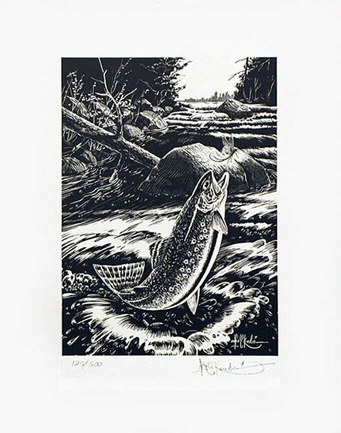 681x864 brook rare black white repro from charcoal drawing sn - Trout Drawing Black And White