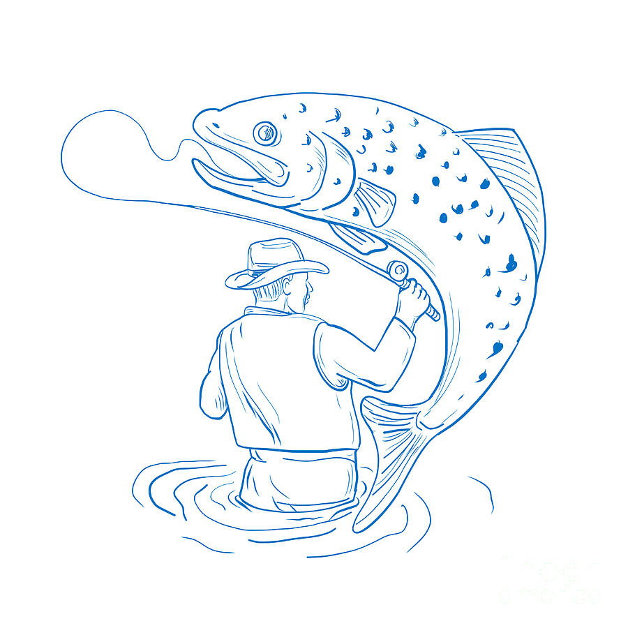900x900 Fly Fisherman Trout Fishing Drawing Digital Art - Trout Fish Drawing