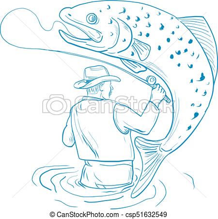 450x451 Fly Fisherman Trout Fishing Drawing Drawing Sketch Style - Trout Fish Drawing