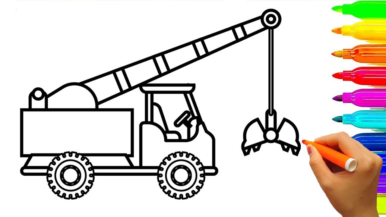 1280x720 How To Draw Crane Truck Coloring Pages For Kids, Learn Colors - Truck Crane Drawing