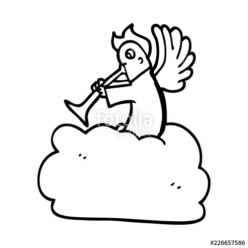 500x500 Line Drawing Cartoon Angel On Cloud With Trumpet Stock Image - Trumpet Cartoon Drawing