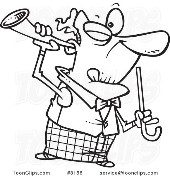 581x600 Cartoon Black And White Line Drawing Of An Old Guy Holding - Trumpet Cartoon Drawing