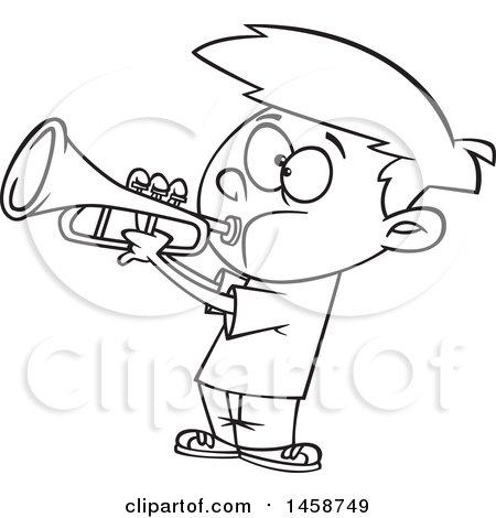 450x470 Clipart Of A Cartoon Outline Boy Playing A Trumpet - Trumpet Cartoon Drawing