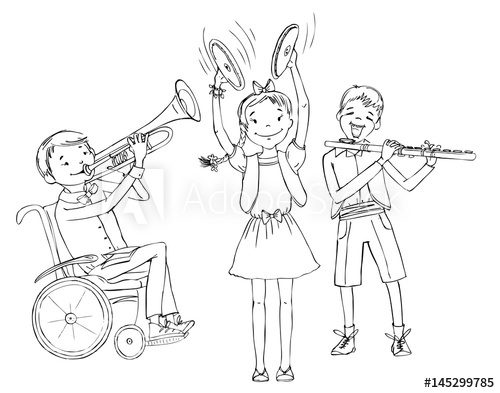 500x393 Group Of Kids, Include The Boy In The Wheelchair, Playing - Trumpet Drawing For Kids