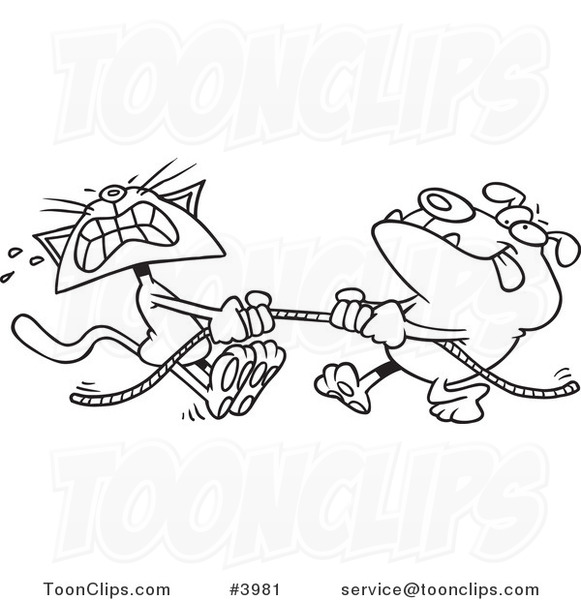 581x600 cartoon black and white line drawing of a bull dog and cat playing - Tug Of War Drawing