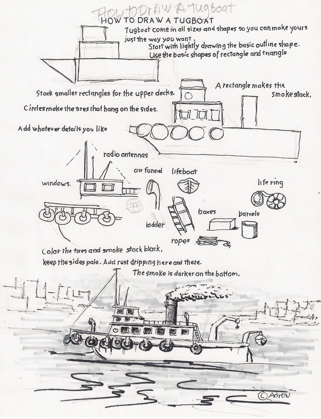 1228x1600 how to draw worksheets for the young artist how to draw a tugboat - Tugboat Drawing