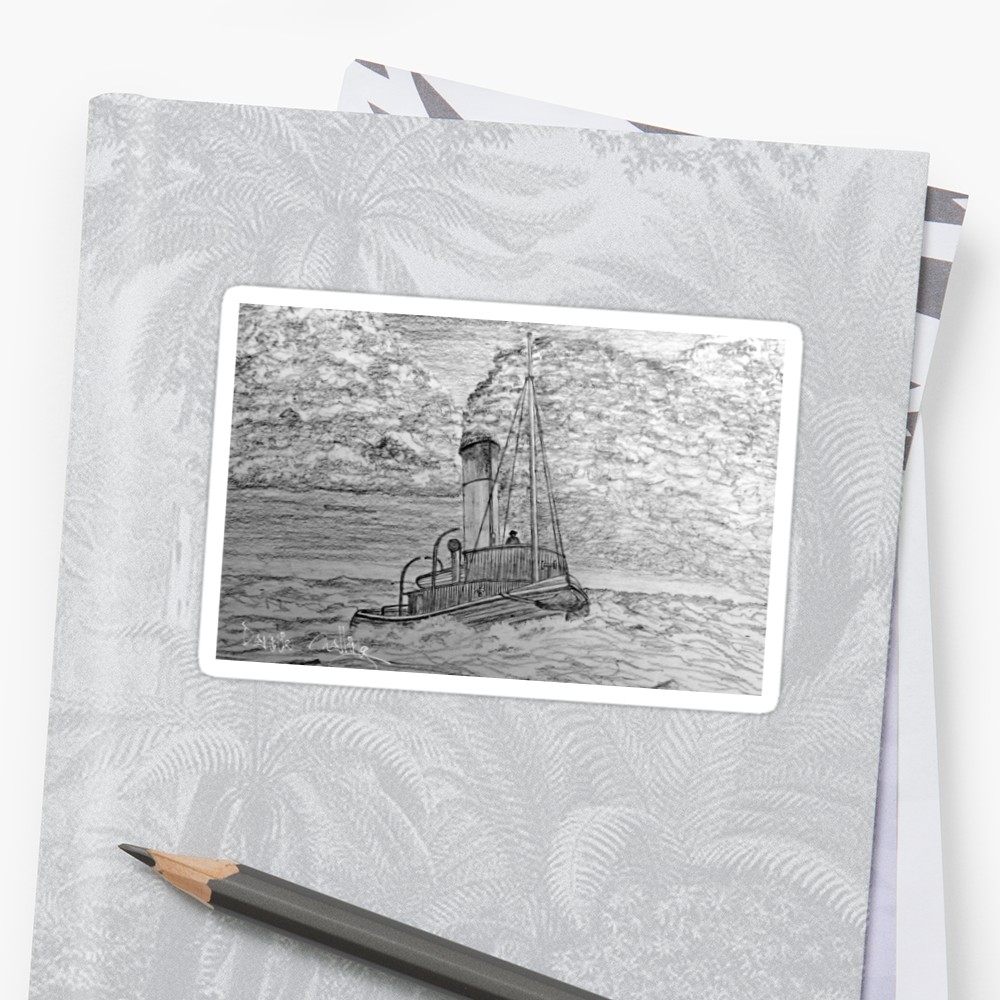 1000x1000 my pencil drawing of a steam tugboat stickers - Tugboat Drawing