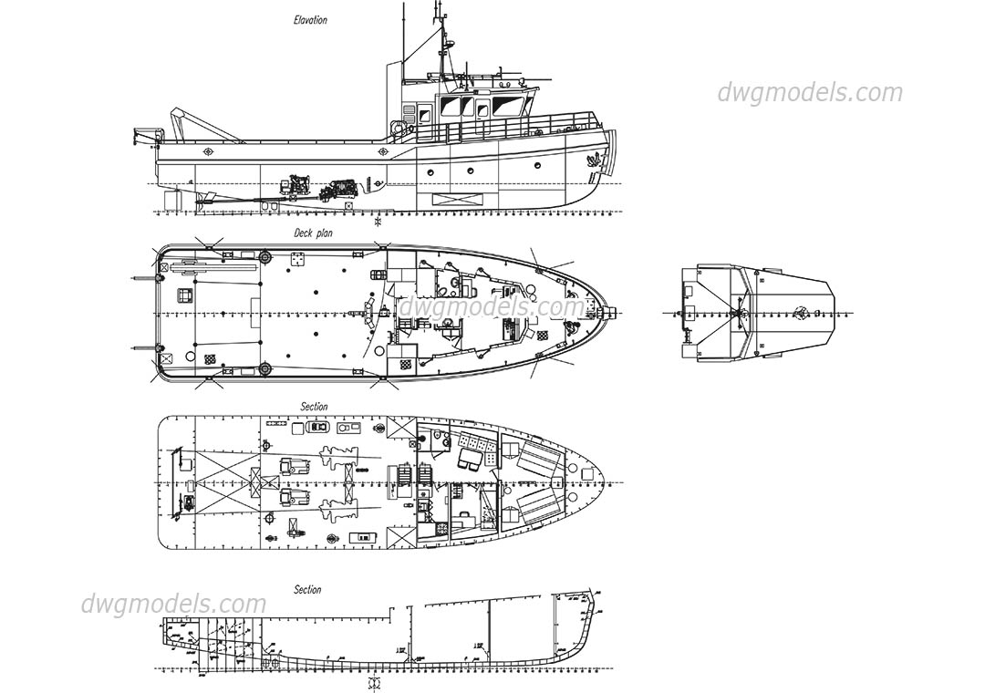 1080x760 tugboat cad block free download, autocad - Tugboat Drawing