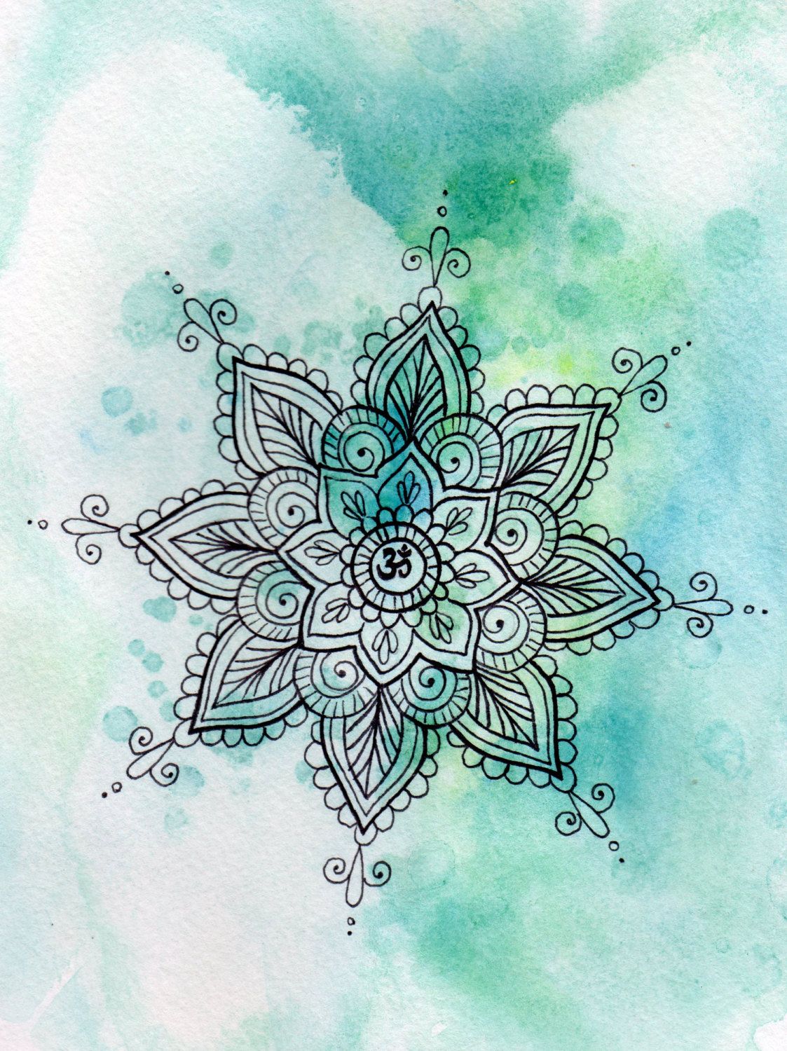 1123x1500 Turquoise Om Mandala Watercolor Print Om Zentangle - Turquoise Drawing