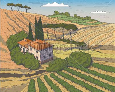 404x324 Stock Vector Countryside Scenery In Tuscany Italy Handmade Drawing - Tuscany Drawing