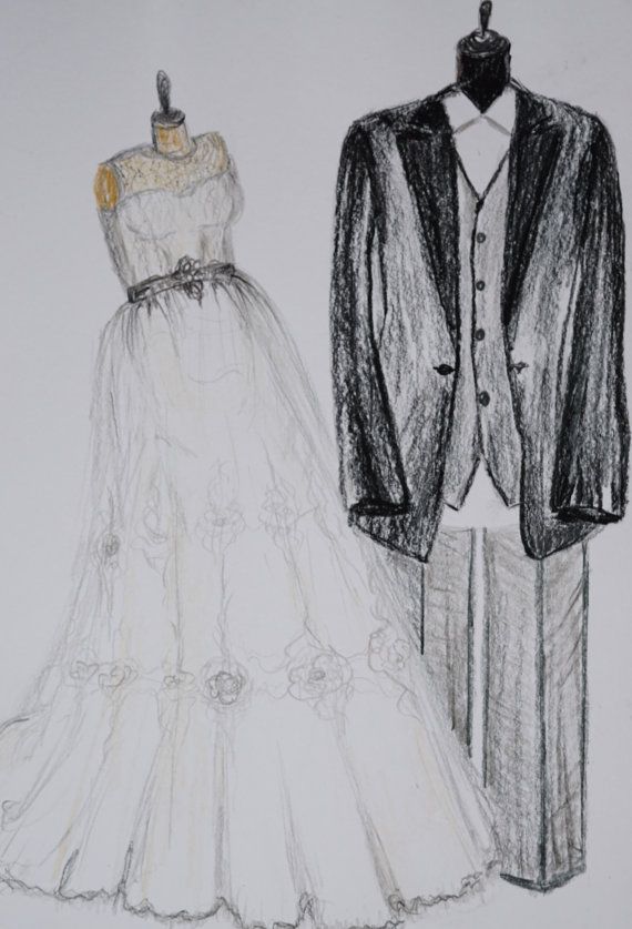 570x837 wedding dress sketch and tuxedo drawing, bride and groom, paper - Tuxedo Drawing