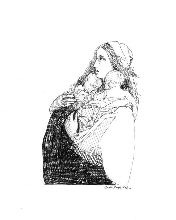 570x713 mother with twins original drawing ink on paper etsy - Twins Drawing