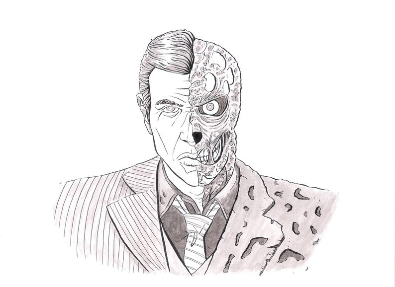 794x578 Double Two Face Batman Original Ink Drawing One Of A Kind Etsy - Two Face Drawing