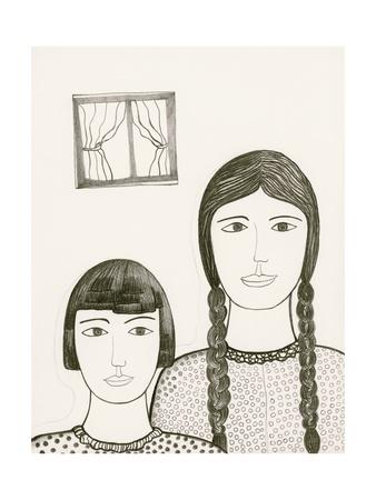 338x450 Portrait Of Two Girls, Black And White Drawing Giclee Print - Two Girls Drawing