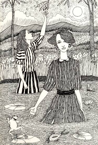 375x553 Two Girls In A Pond Drawing - Two Girls Drawing