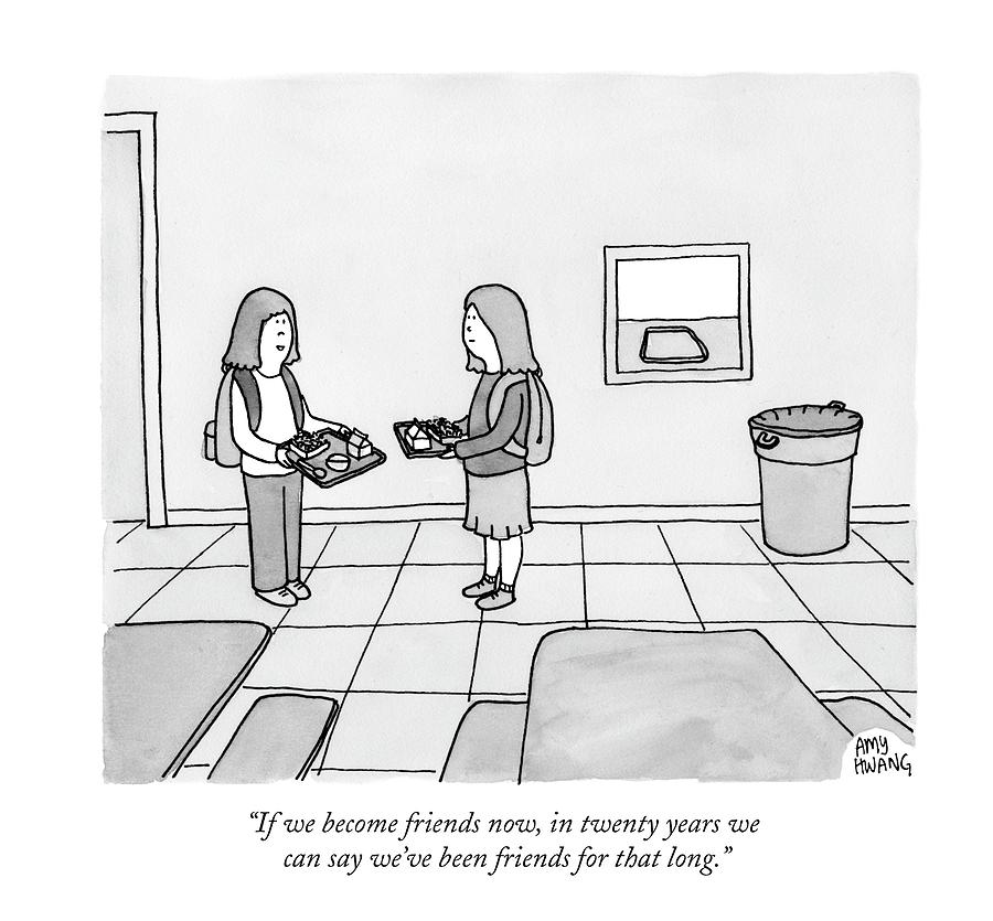 900x835 two girls talk in a school cafeteria drawing - Two Girls Drawing