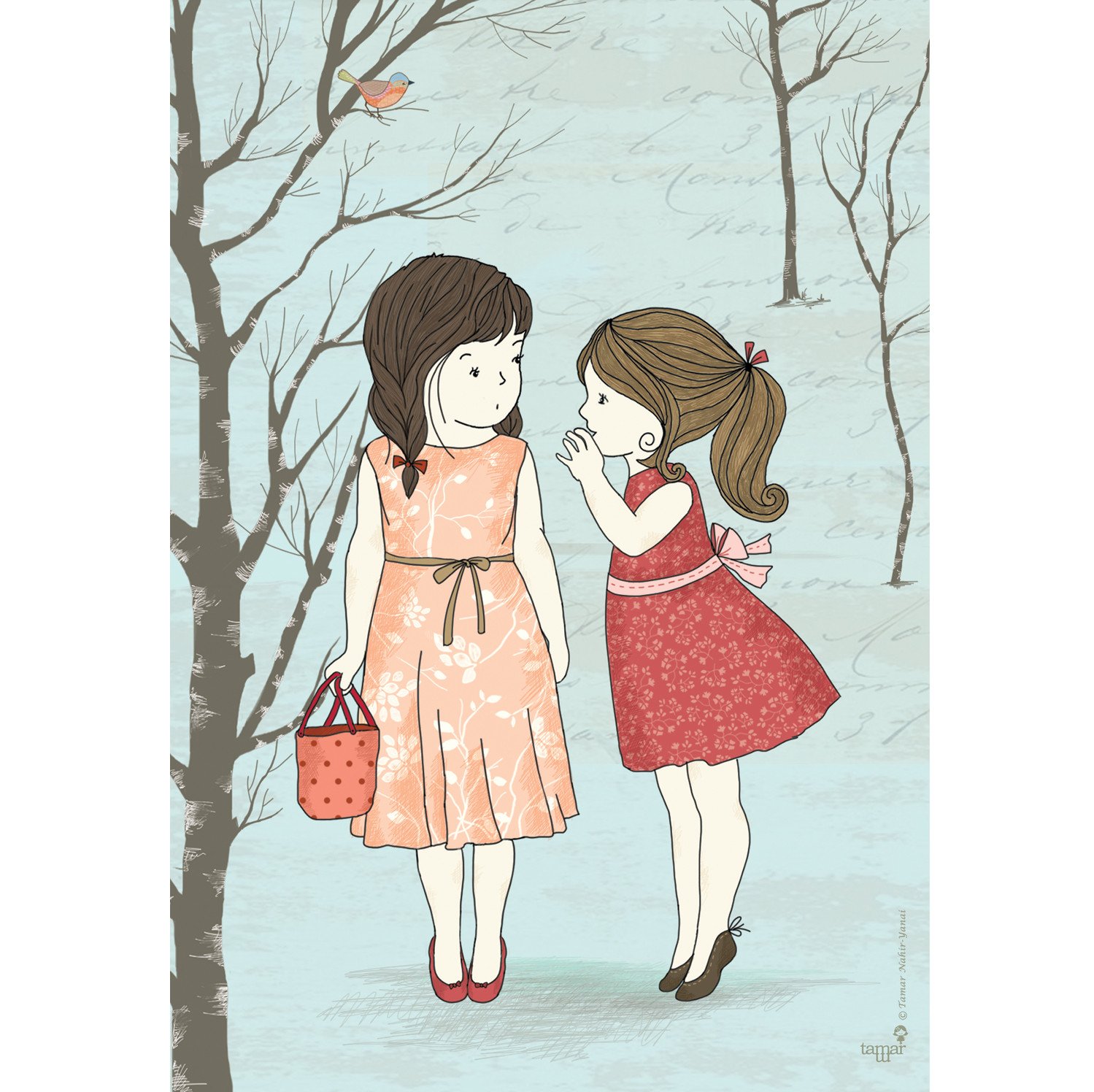 1499x1496 Two Girls And A Secret Print Wall Art Tamar Nahir Yanai - Two Girls Drawing