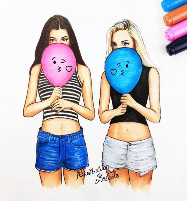 640x686 beautiful drawing of two lovely girls drawings in bff - Two Girls Drawing