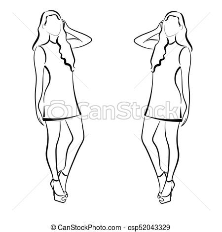 450x470 Vector Silhouette Of Black And White Outline Drawing Of Two Girls - Two Girls Drawing