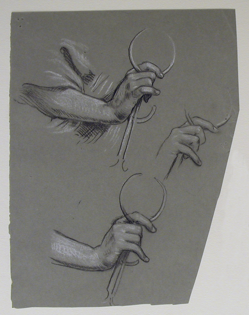 810x1024 drawing, studies of two hands holding flutes - Two Hands Drawing