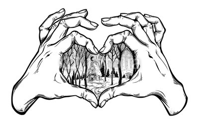 400x250 Two Hands Making Heart Sign With Cabin In Winter Buy Photos - Two Hands Making A Heart Drawing