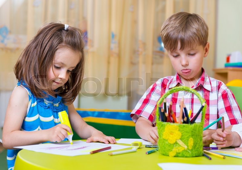 800x562 Two Cute Little Prescool Kids Drawing Stock Photo Colourbox - Two Kids Drawing