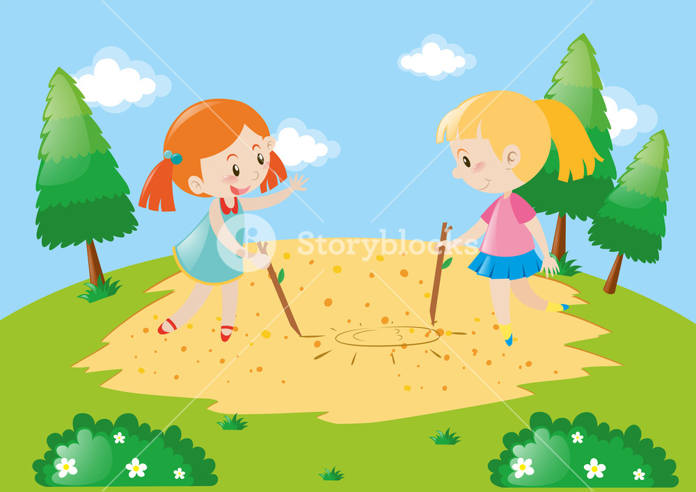 1000x707 Two Kids Drawing On The Ground Illustration Royalty Free Stock - Two Kids Drawing