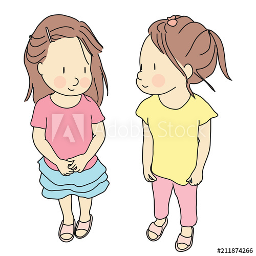 500x500 Vector Illustration Of Two Kids Standing And Smiling Together - Two Kids Drawing