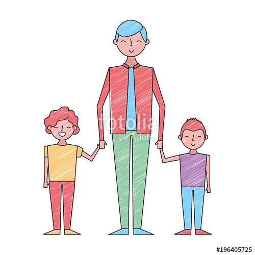 500x500 Young Man Holding Hands Of Two Kids Vector Illustration Drawing - Two Kids Drawing