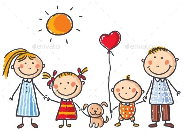 590x431 Happy Family With Two Children And A Puppy Flat Vector People - Two Kids Drawing