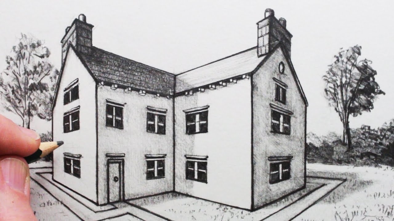 1280x720 How To Draw A House In Point Perspective - Two Point Perspective Building Drawing
